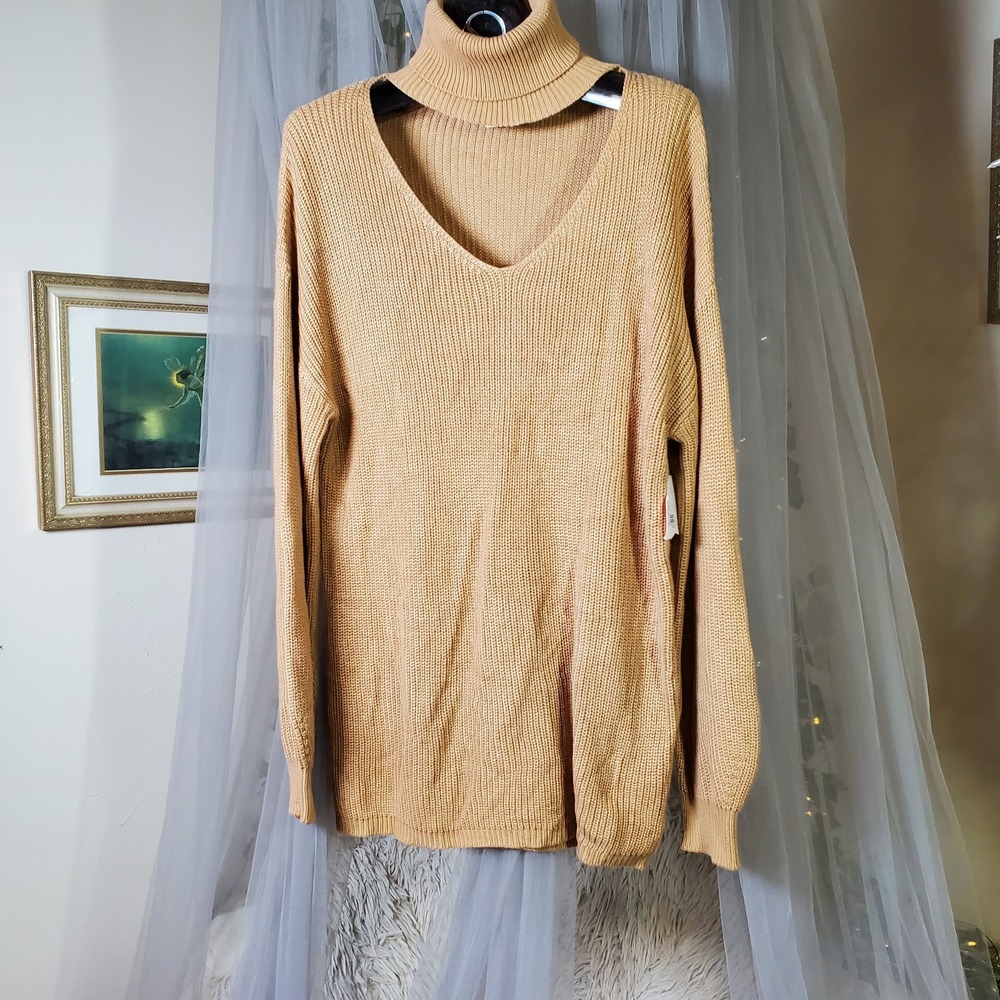 Aiblee Tunic Knit Sweater Cut Out Front X Long Sleeve Boho Hippie Retro NWT Sz S